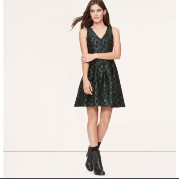 Ann Taylor Loft Women's Mini Dress Fit & Flare Leopard Print Black Green Size 0P - Picture 2 of 10